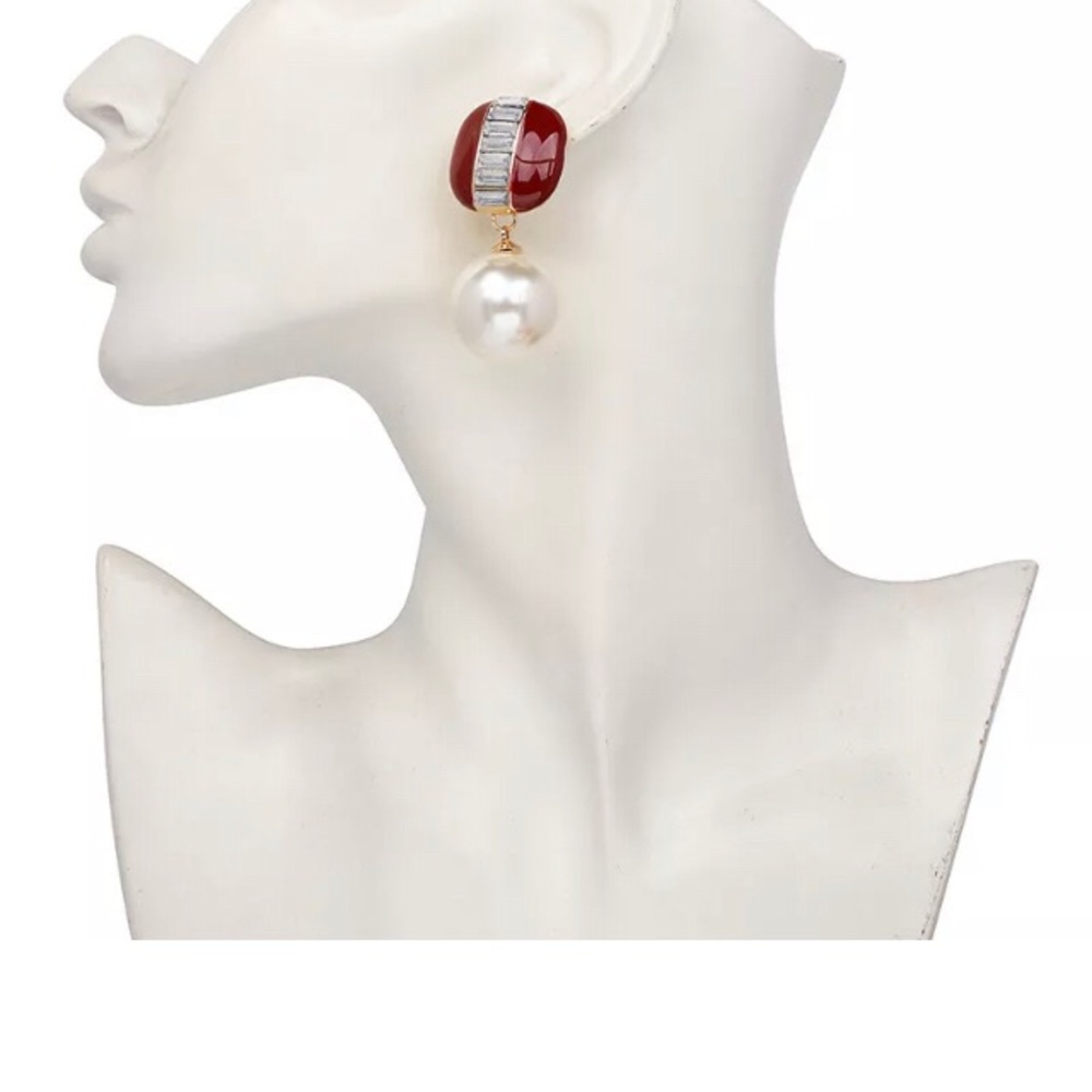 Beautiful Faux Pearls DEEP RED Enamel Earrings